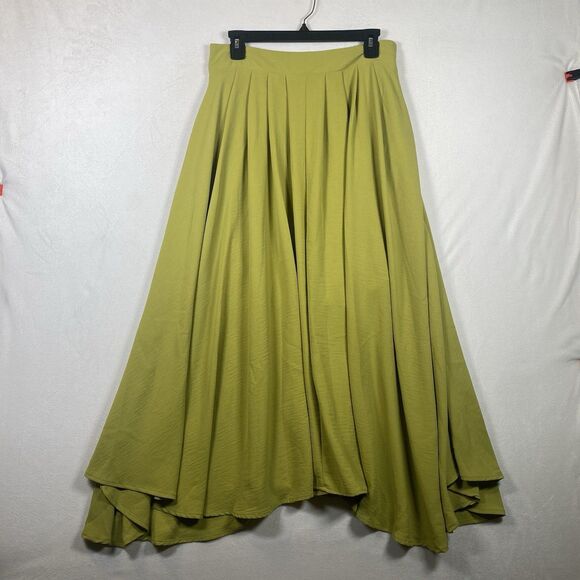 KLD Green Pleated Maxi Skirt Size L Made in USA Style AD-60332 High Low Hem Flow - Picture 1 of 10